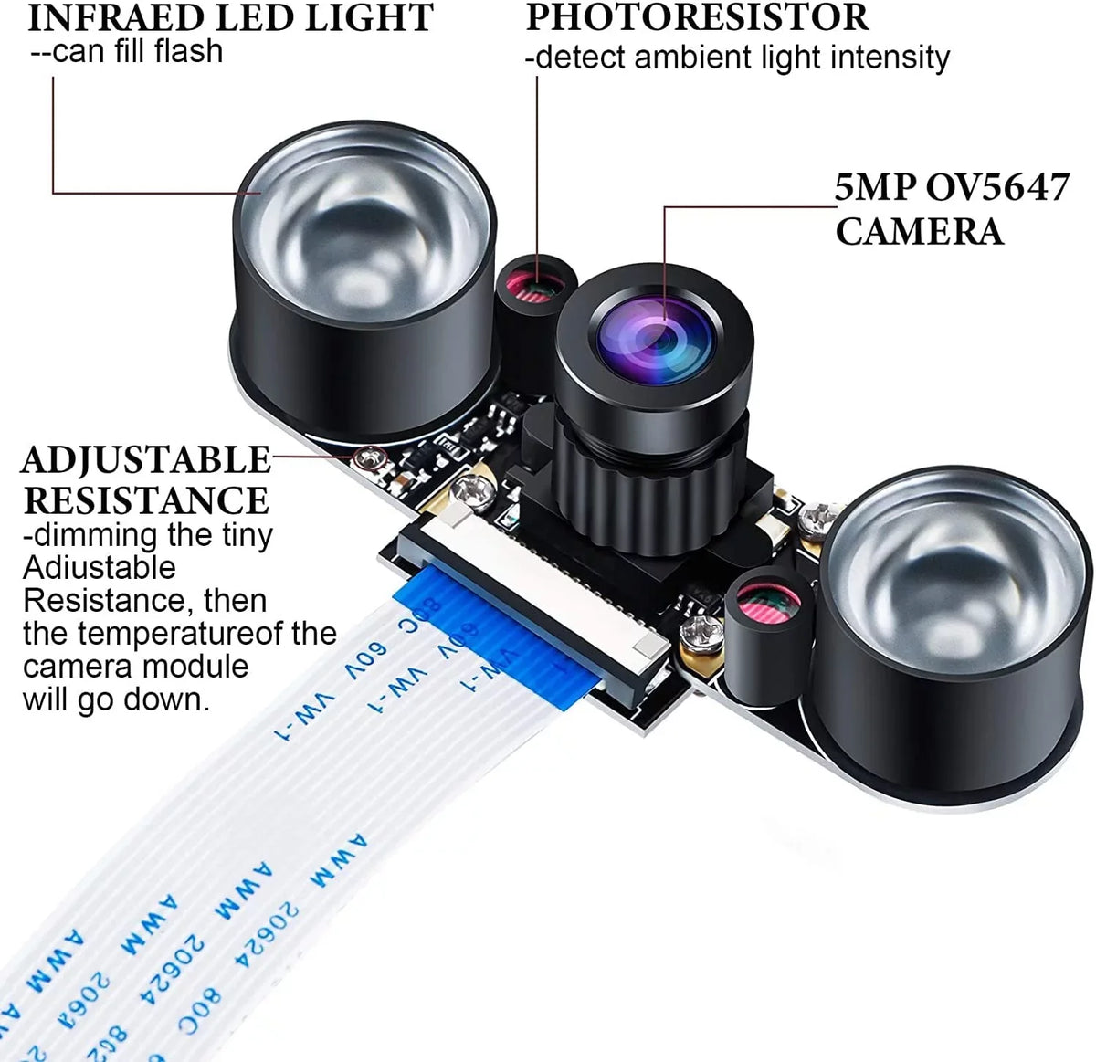 Raspberry Pi 4 Camera Night Vision Camera Adjustable-Focus Module 5MP OV5647 Webcam Video 1080p suitable