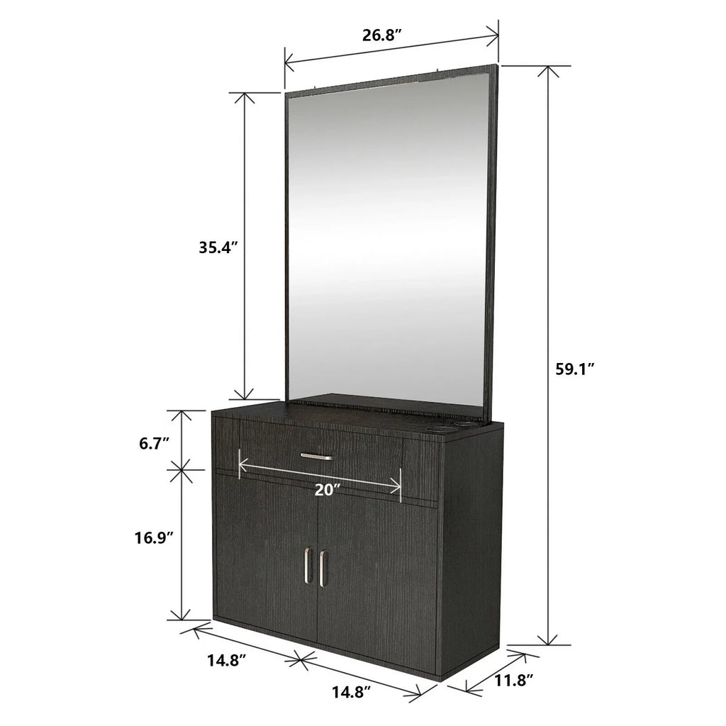 Artist Hand Wall Mount Barber Salon Station Hair Styling Makeup Spa with Mirror, Drawer, 2 Doors (Black)