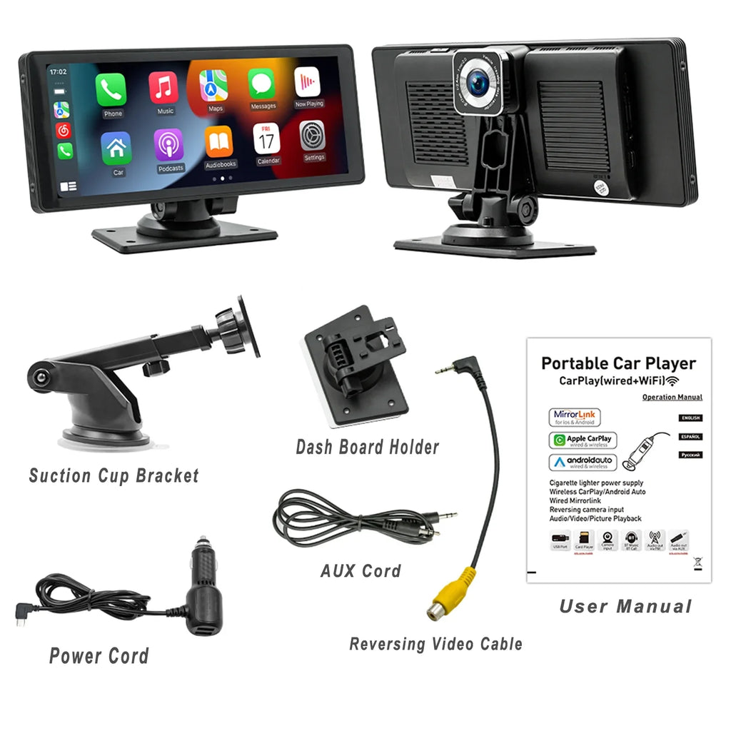 CAIHONG Portable 10.26" Wireless Carplay Screen & Android Auto with Adjustable & Detachable Mount, 2.5K Dash Cam & 1080P Backup Camera, HD IPS Touchscreen, GPS Navigation, Bluetooth, Car Stereo, Radio