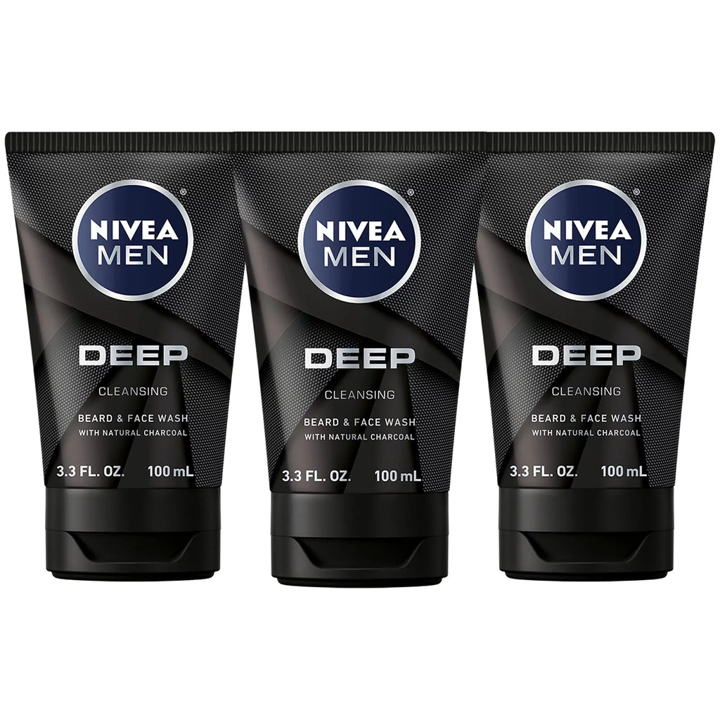 Nivea Men Deep Cleansing Beard And Face Wash, Enriched With Natural Charcoal, 3 Pack Of 3.3 Fl Oz Tubes