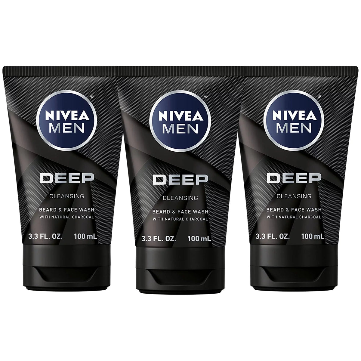 Nivea Men Deep Cleansing Beard And Face Wash, Enriched With Natural Charcoal, 3 Pack Of 3.3 Fl Oz Tubes