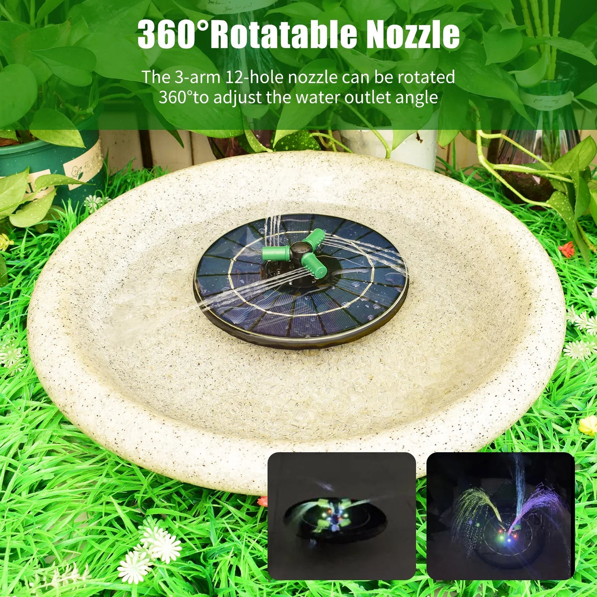 Yabuy 4W Rotatable Nozzle Solar aqua Pump with Battery, Colorful LED Light Fountain for Small Pond