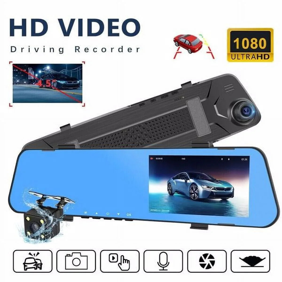 Teledu 1080P Rearview Mirror Car DVR Dual Dash Cam Camera Front Rear HD Video Recorder