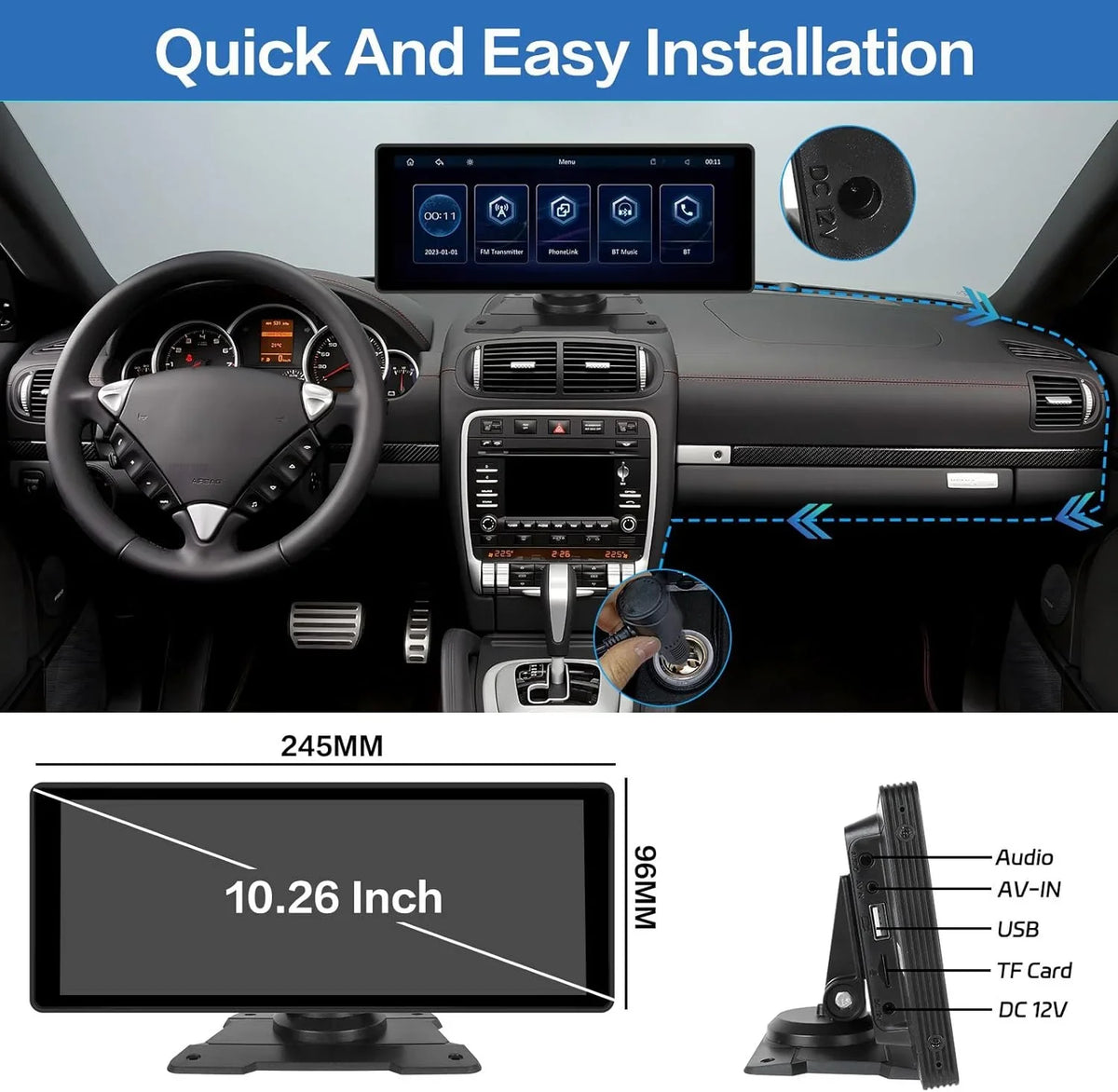 Podofo 7-32V 10.26" Portable Touch Screen Car Stereo Radio Wireless Carplay Android Auto Mirror Link FM Bluetooth AUX for Car Suv Van Pickup Vehicles, with 64G Card&Backup Camera