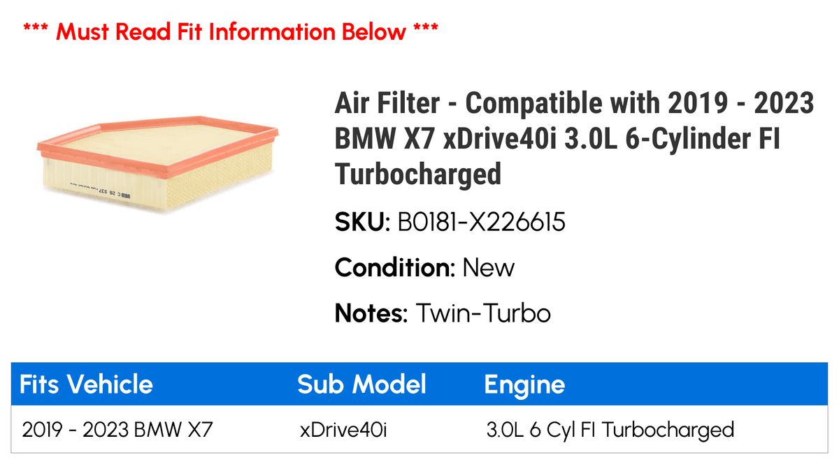 Air Filter - suitable with 2019 - 2023  X7 xDrive40i 3.0L 6-Cylinder FI Turbocharged 2020 2021 2022