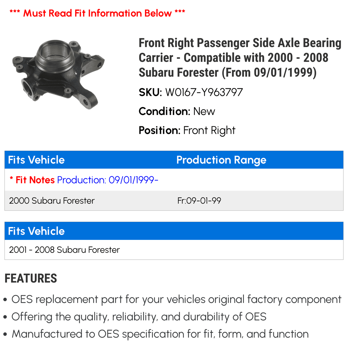 Front Right Passenger Side Axle Bearing Carrier - suitable with 2000 - 2008 Subaru Forester (From 09/01/1999) 2001 2002 2003 2004 2005 2006 2007