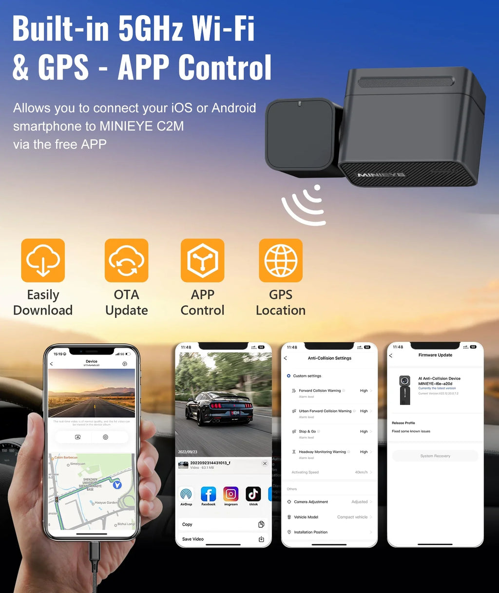 MINIEYE C2M 4K Dash Cam Front and Rear, Dual Dash Camera for Cars 4K+1080P -  AI Collision Avoidance Device, 2.4'' LCD, Built-in 5G WiFi GPS, ADAS, Loop Recording, Super Night Vision, APP OTA Update