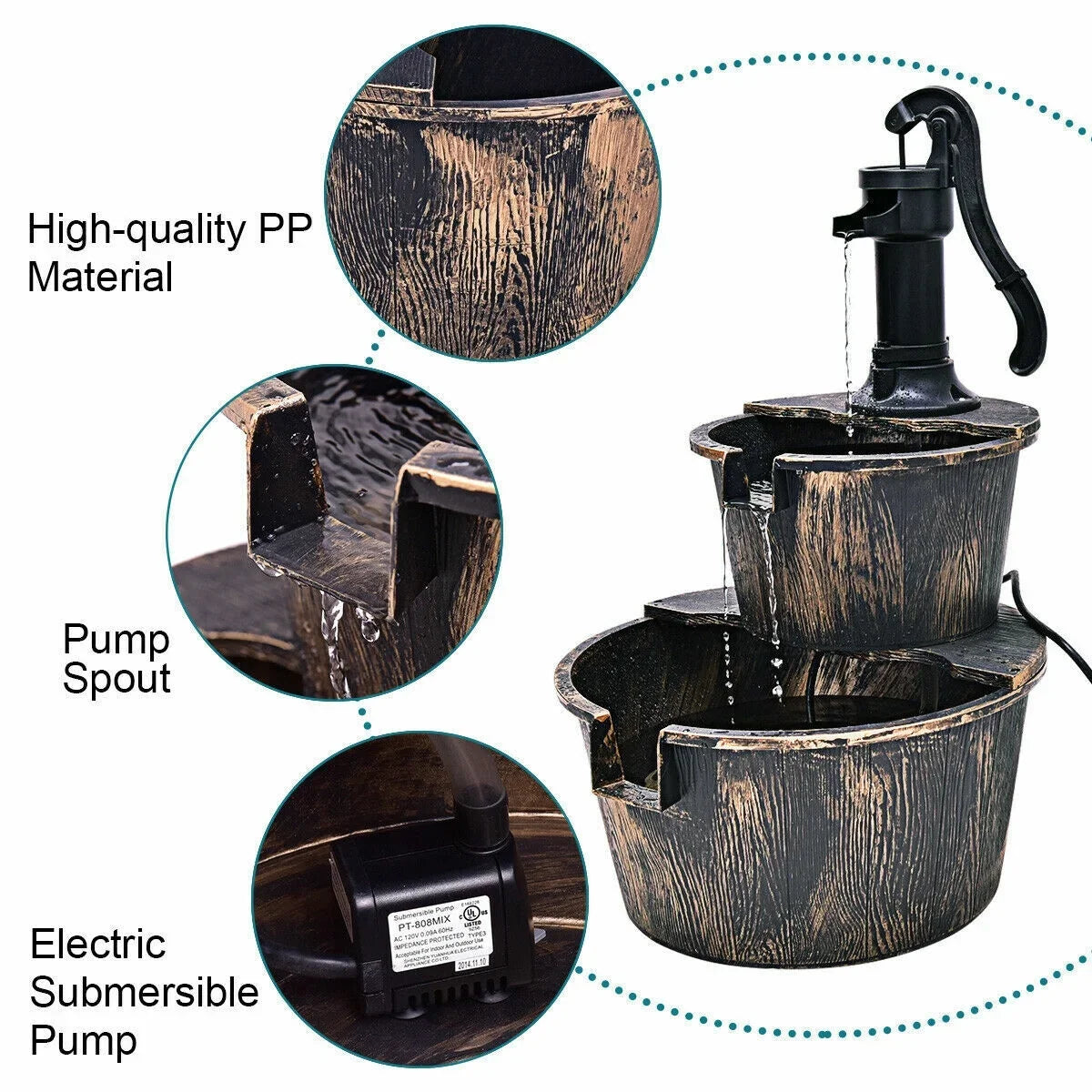 2-Tier Barrel Waterfall Fountain with Pump | Outdoor Garden Barrel aqua Fountain