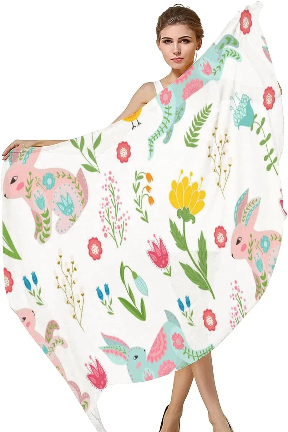 Hyjoy Easter Rabbits and Chicken in Flowers Long Silk Neck Scarf Lightweight Shawl Wrap Scarves for Women Girls