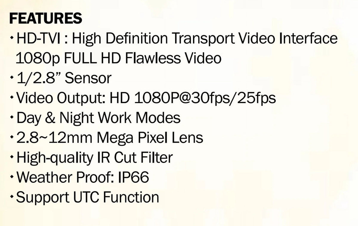 Eyemax TIR-0412V-B HD-TVI 2MP Outdoor Bullet Camera, 2.8-12mm, 42 IR LED 12V DC