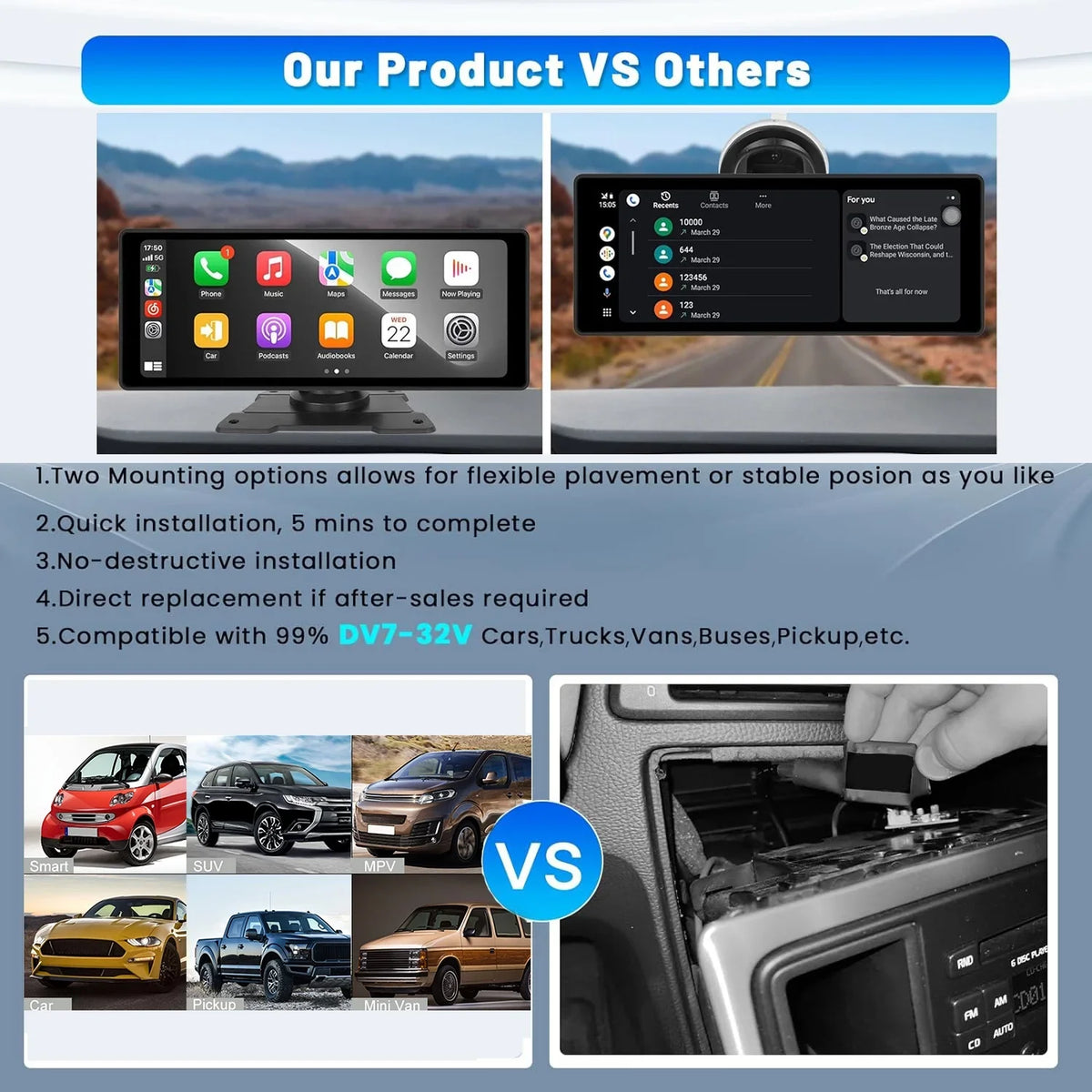 Podofo 7-32V 10.26" Portable Touch Screen Car Stereo Radio Wireless Carplay Android Auto Mirror Link FM Bluetooth AUX for Car Suv Van Pickup Vehicles, with 64G Card&Backup Camera