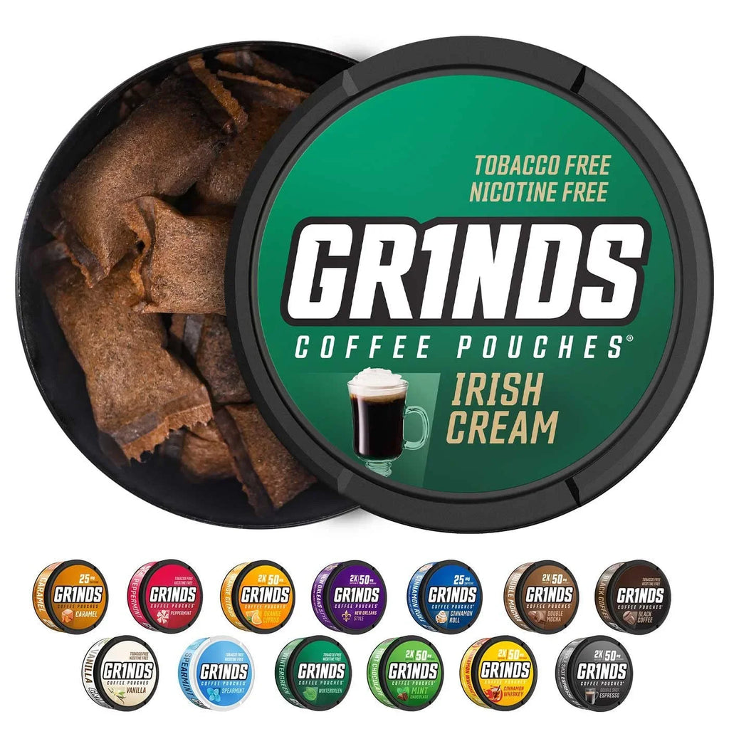1/4 Cup of Coffee (Irish Cream). Grinds Coffee Pouches | 3 Cans of Irish Cream | Tobacco Free, Nicotine Free Healthy Alternative | 18 Pouches Per Can | 1 Pouch eq