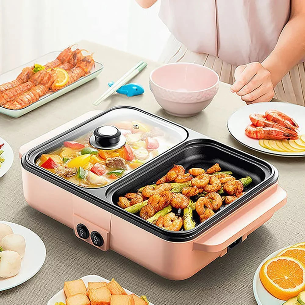 MONIPA 2 in 1 Portable Electric Hot Pot Barbecue Grill Barbecue Hotpot Pan, Non-Stick Stainless Steel Pan (Pink)