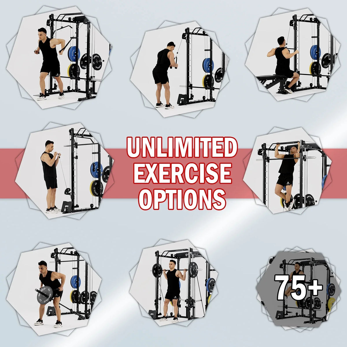 Mikolo Smith Machine Home Gym, 2000 lbs Power Rack Cage with Cable Crossover, Smith Cage with 800LB Capacity Adjustable Weight Bench and 100 lbs Weight Plate, Total Body Strength Training Cage