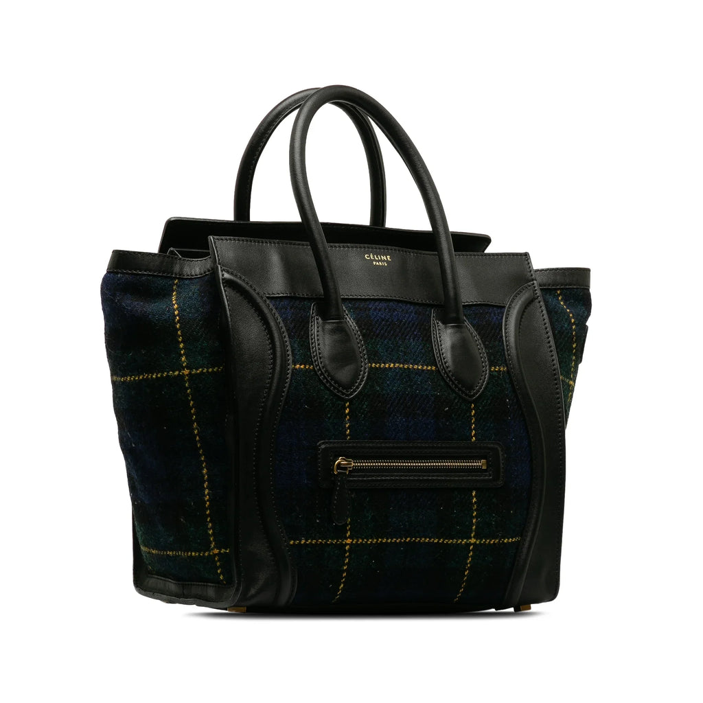 Pre-Owned Authenticated Celine Mini Tartan Luggage Tote Wool Fabric Blue Tote Bag Unisex (Good)