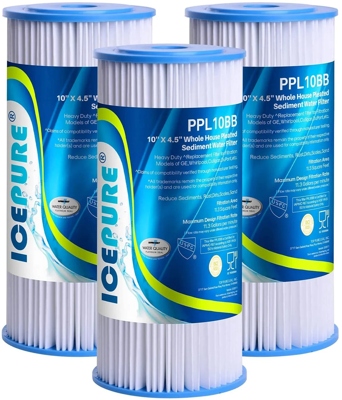 10" x 4.5" Whole House Pleated Sediment aqua Filter Replacement for GE FXHSC, Culligan R50-BBSA, Pentek R50-BB, DuPont WFHDC3001, W50PEHD, GXWH40L, GXWH35F, for Well liquid, Pack of 3