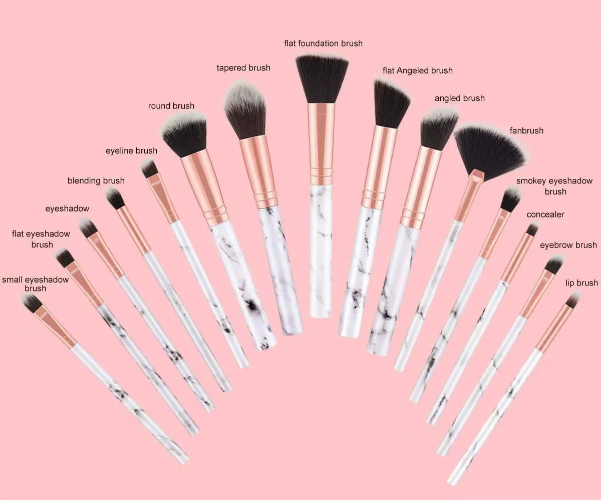 15 pcs Pro Marble Makeup Brush Set with Marble Brusher Holder, for Loose Powder, Contour, Shade, Highlighter, Eyeshadow and Foundation