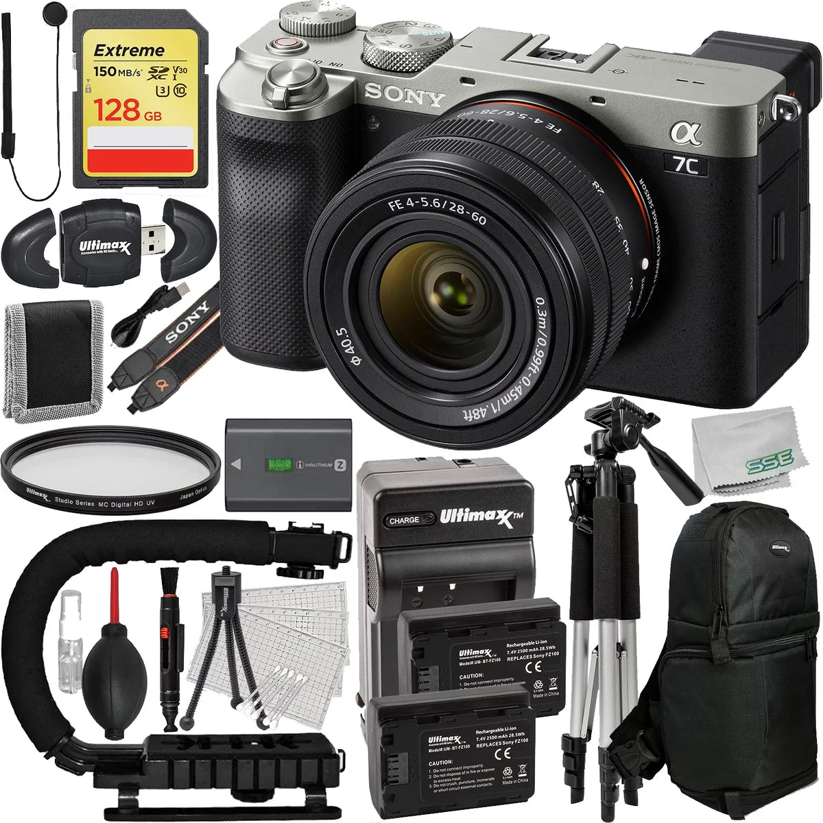 Alpha a7C Mirrorless Digital Camera with 28-60mm Lens (Silver) + 128GB Extreme SDXC, 2x Replacement Batteries, Lightweight 57” Tripod & Much More (26pc Bundle)