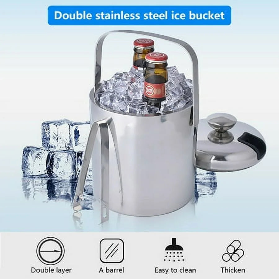 Double-Wall Stainless-Steel Insulated Ice Bucket With Lid & Ice Tong 1300 ML