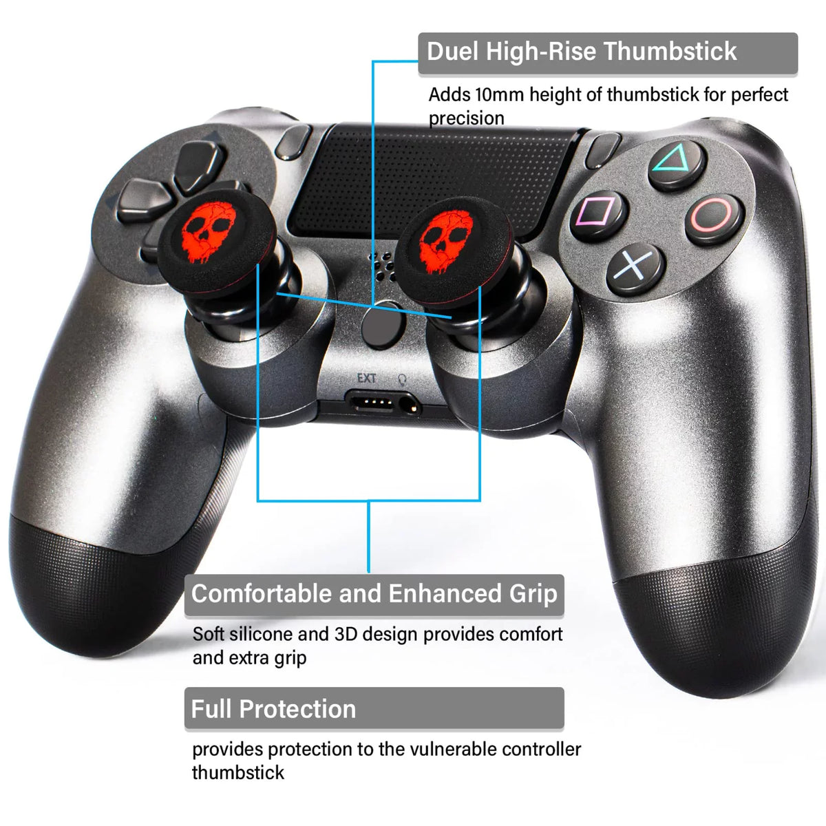 Playrealm FPS Thumbstick Extender & Printing Rubber Silicone Grip protector 2 Sets for PS5 Dualsenese & PS4 Controller (Ghost Red)