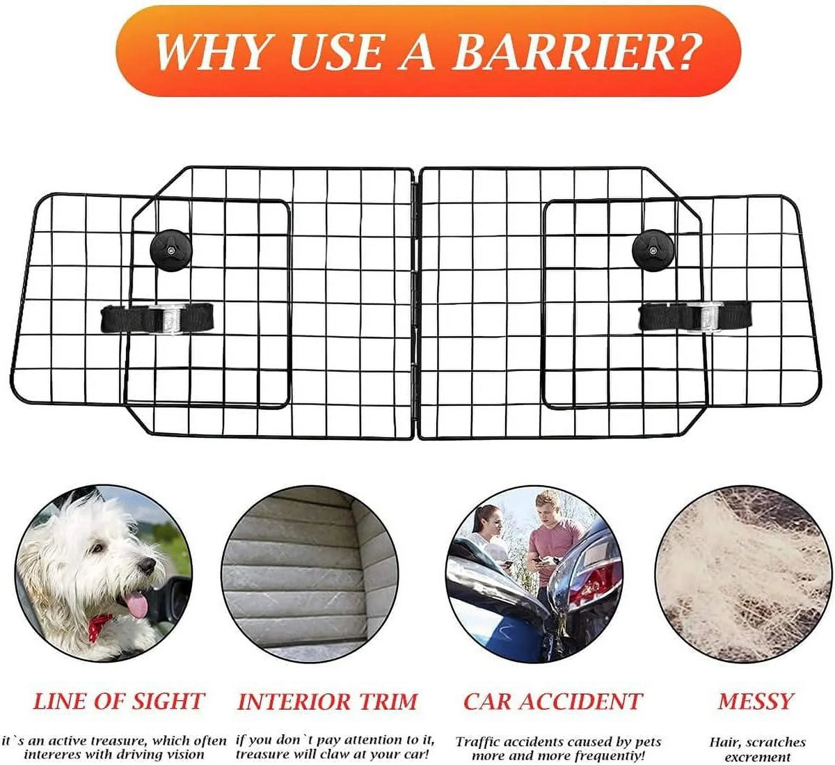 Dog Car Barriers—Heavy Duty Adjustable Wire Pet Cars Barrier with Front Seat Mesh in Black—Safety Travel Dividers Fence for Vehicles, SUV, Cars