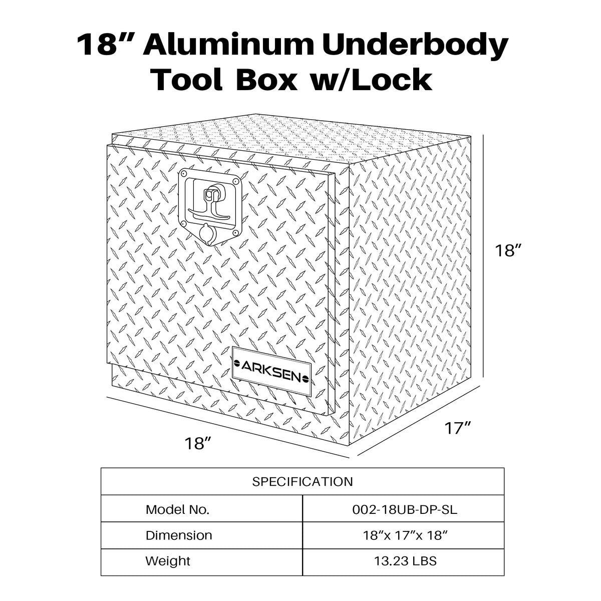 ARKSEN 18" Aluminum Truck Underbody Diamond Plate ToolBox w/ T-Handle Latch Durable Pickup Trailer Storage Organizer Tool Box Key Lock, Silver