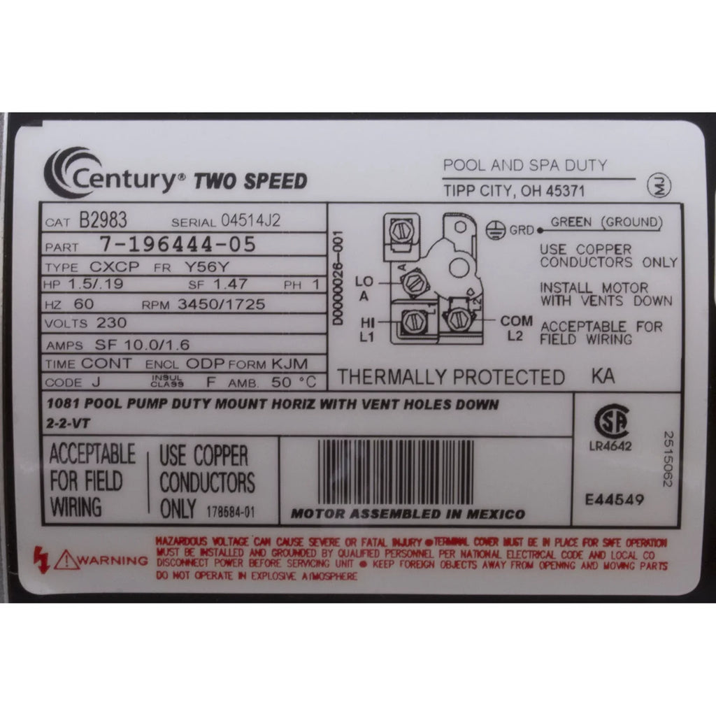 1.5  2-Speed 48Y Frame 230V Square Flange Pool Motor Century # SQS1152R