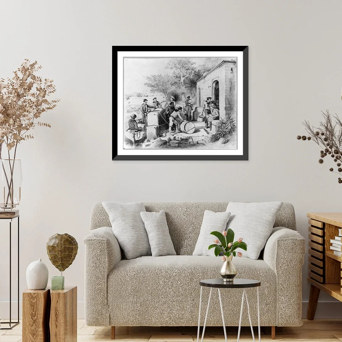 Seamen filling casks with fresh moisture, 17-7/8" x 21-7/8". Historic Framed Print, [Dominican Republic, 1871]: The Diago Columbus Spring on the Ozania River,