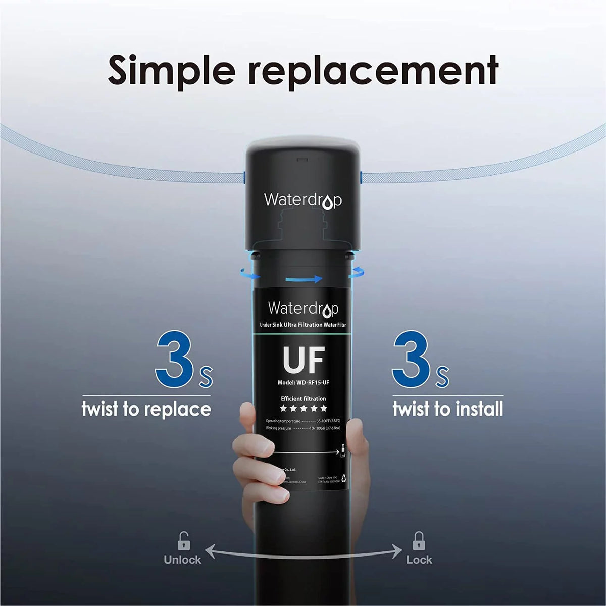 Waterdrop WD-RF15-UF liquid Filter, Replacement 15UA-UF Under Sink aqua Filtration System, 0.01 Micron, 16000 Gallons High Capacity