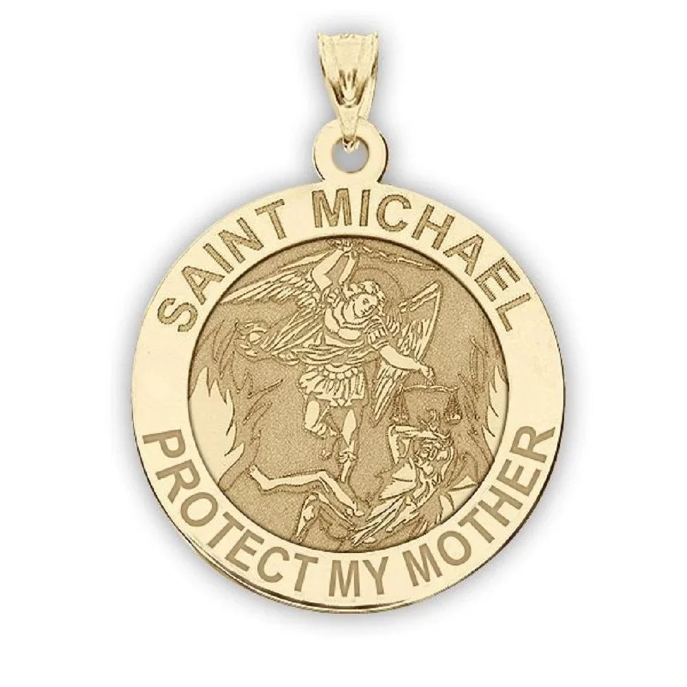 Picturesongold.Com Saint Michael - Protect My Mother - Religious Medal  1 inch in Solid 14K Yellow Gold