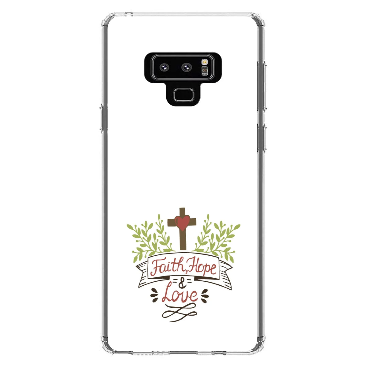 DistinctInk Clear Shockproof Hybrid Case for  Galaxy Note 9 - TPU Bumper, Acrylic Back, Tempered Glass Screen Protector - Faith, Hope & Love - Cross & Leaves