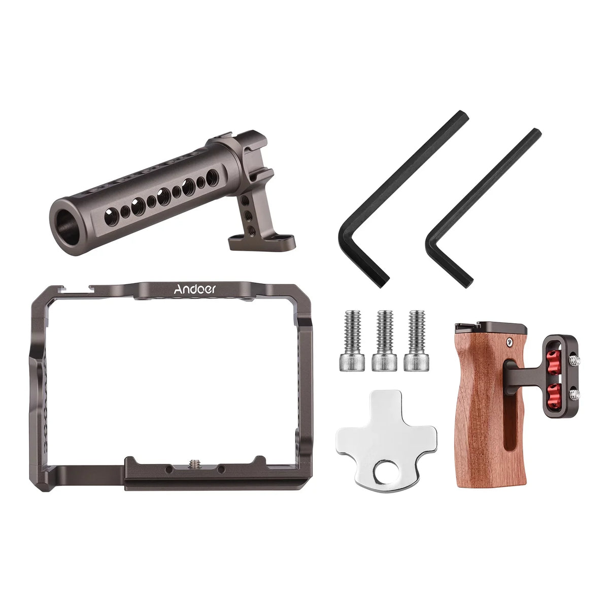 Walmeck Andoer Aluminum Alloy Cage Kit with Video Rig Handle Wooden Grip Replacement for  A7R III/ A7 II/ A7III