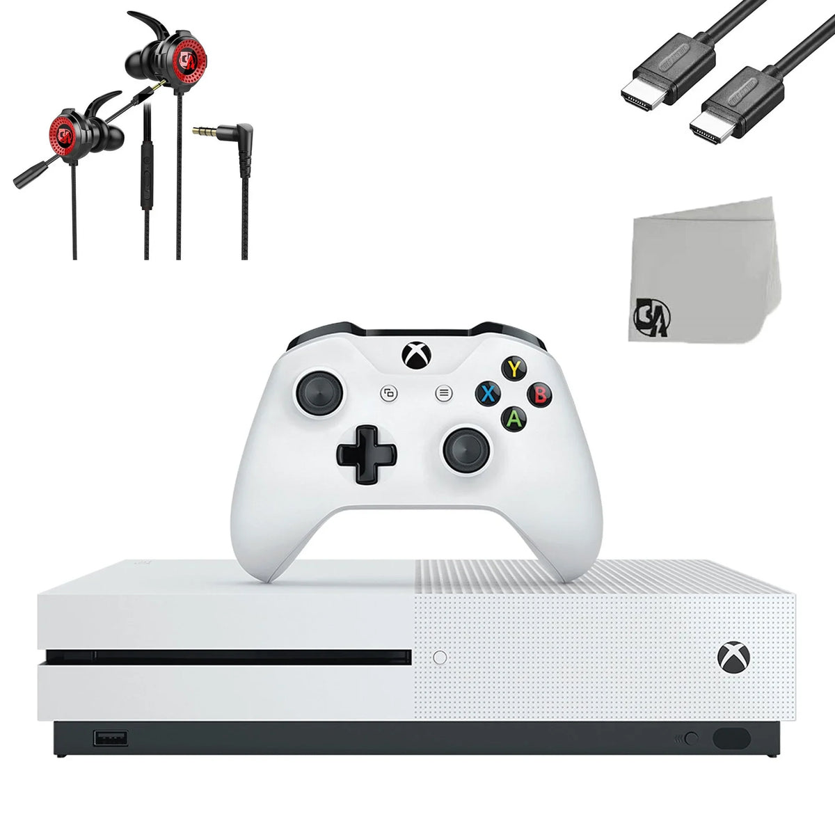 Pre-Owned  Xbox One S 500GB White Gaming Console + Gaming Earbuds With Microphone BOLT AXTION Bundle