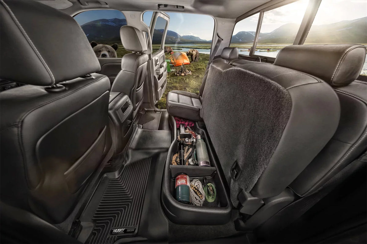 Husky by RealTruck appropriate with 2015-20  F-150 SuperCrew, 2017-20  F-250/F-350 Crew Cab - without factory storage box Gearbox Under Seat Storage Box