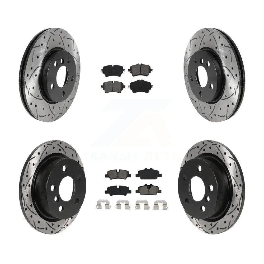 Transit Auto - Front Rear Coated Drilled Slotted Disc Brake Rotors And Semi-Metallic Pads Kit For Mini Cooper KDS-100773