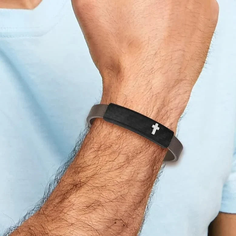 Chisel Stainless Steel Polished Cross Solid Carbon Fiber Brown Faux Leather Bracelet - 8"