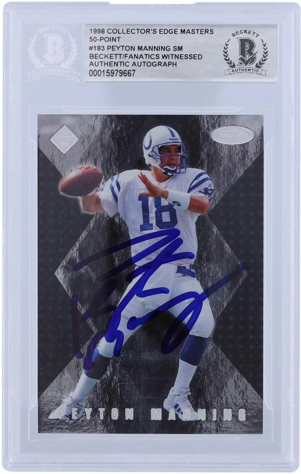 Peyton Manning Indianapolis Colts Autographed 1998 Collector's Edge Masters 50-Point #S183 #/3000 Beckett Fanatics Witnessed Authenticated Rookie Card - Fanatics Authentic Certified