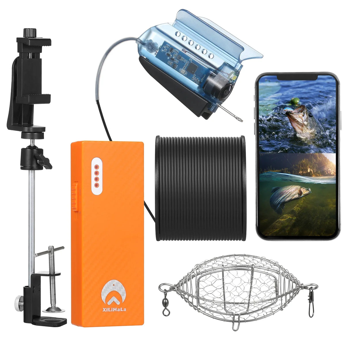 Carevas 1080P Underwater Fishing Camera with APP Control Fishing Live Video Camera Fish Finder with 50M Cable Mobile Phone Holder Bait Cage Carry Case for Ice Lake Sea ship Kayak Fishing