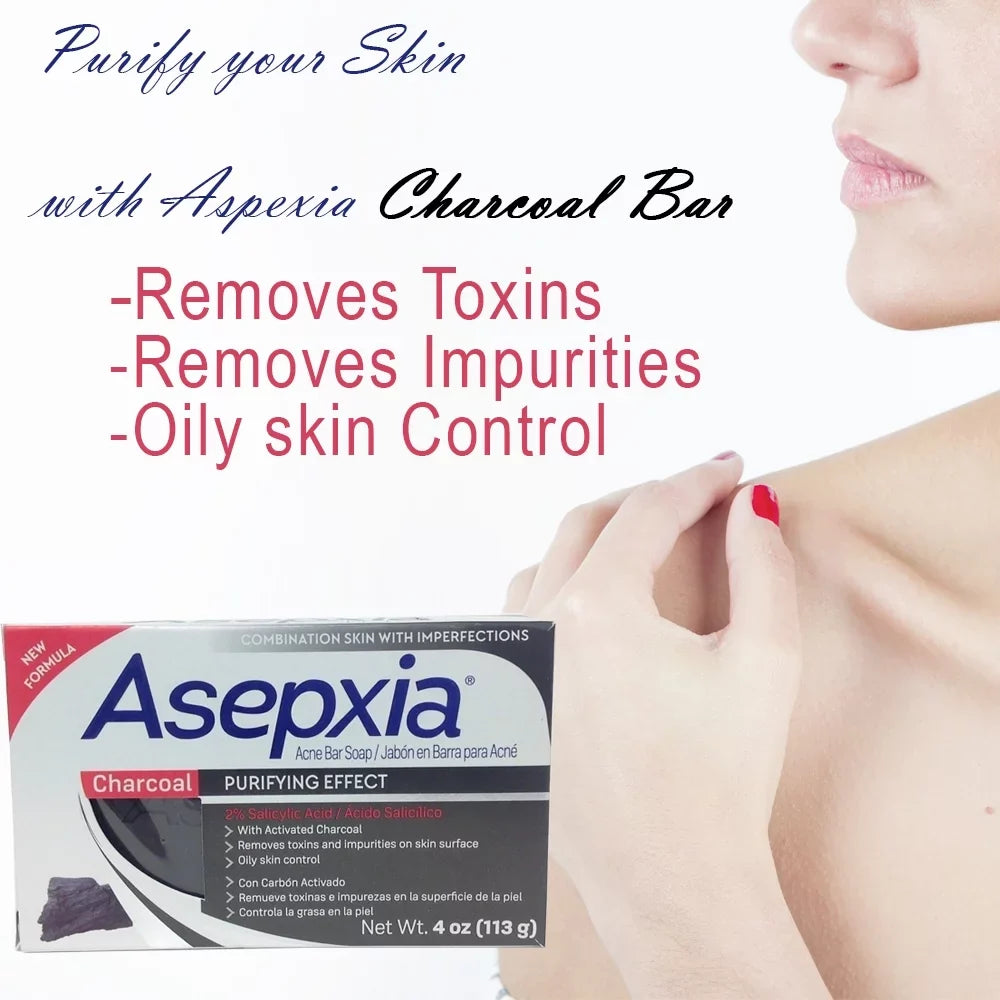 Pack of 3. 4 oz. Helps Oily Skin with Salycilic Acid. Removes Impurities and Toxins. Asepxia Charcoal Cleansing Bar Soap for Acne and Blackheads