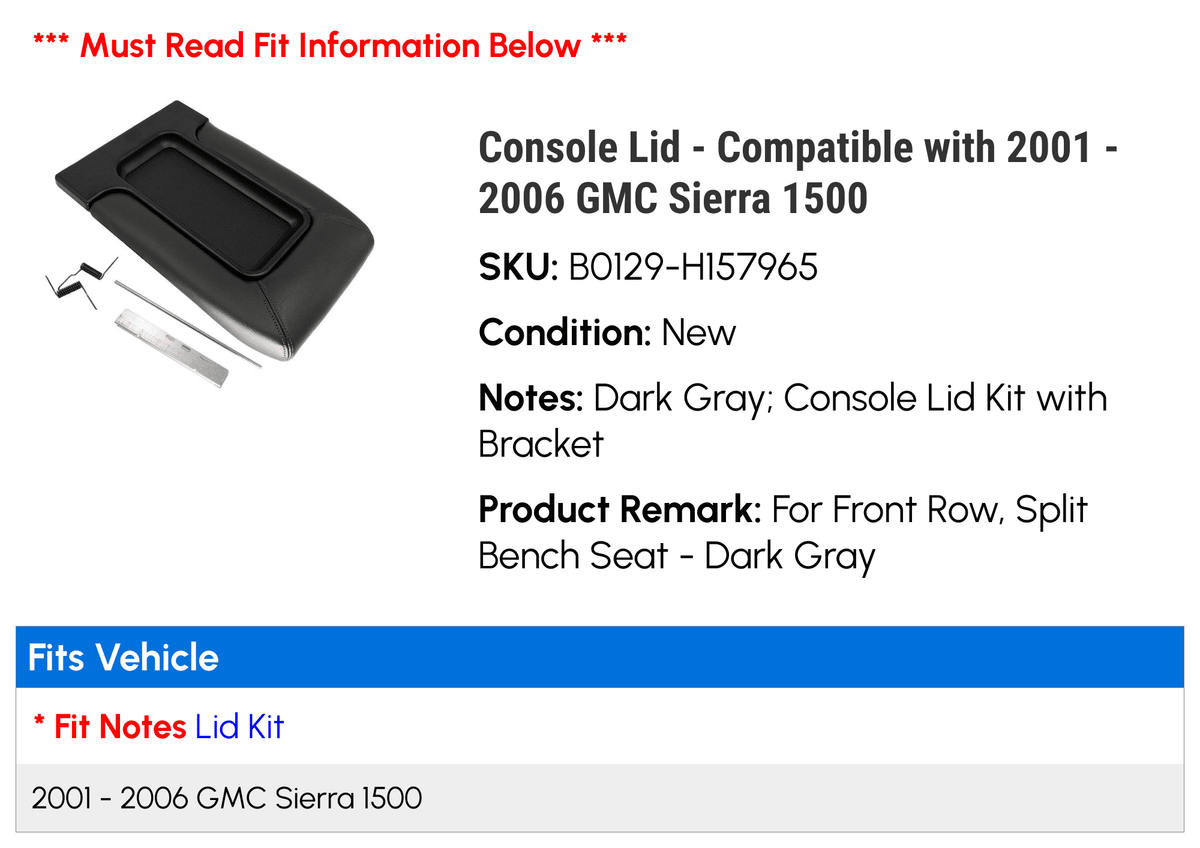 Console Lid - suitable with 2001 - 2006 GMC Sierra 1500 2002 2003 2004 2005
