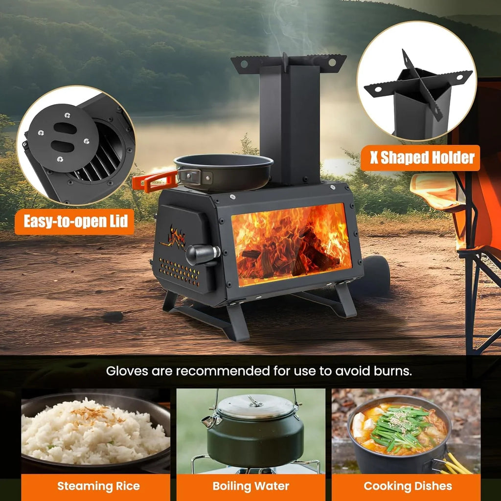 HAPPYGRILL Portable Camping Wood Stove with Lid, Wood Burning Stove with 3 Air Vents, Large Visual Window, X Shaped Holder, Outdoor Hot Tent Stove For Camping, Hunting, Fishing, Cooking