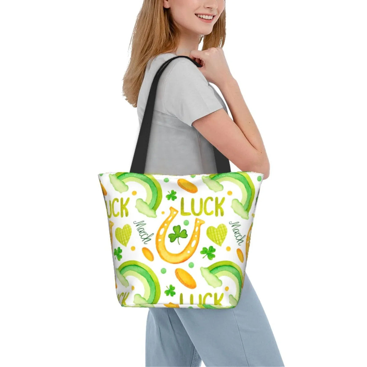 Easygdp St Patrick's Day1 Stylish Canvas Handbag Shoulder Tote Bag, Shopping Bag with Zip, Suitable for Buying Groceries, Office, Fitness