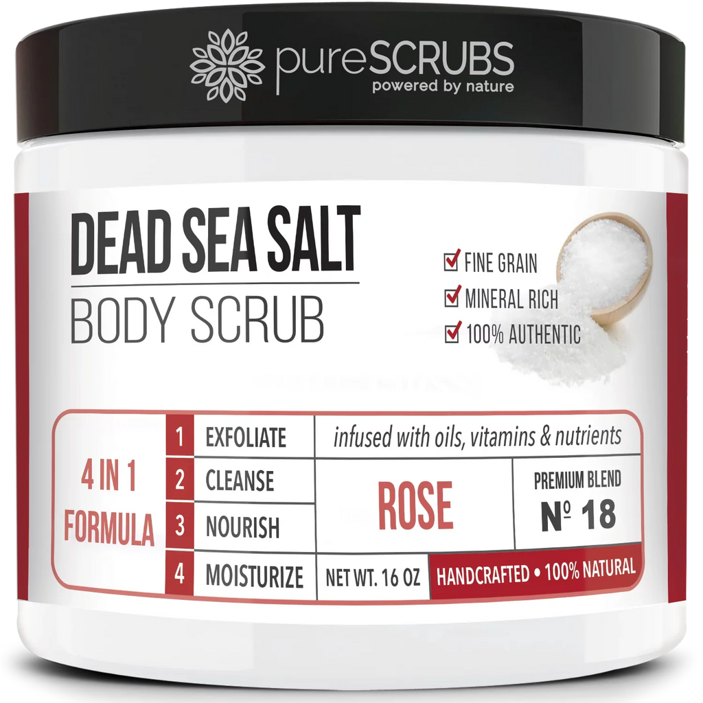 pureSCRUBS Premium Organic Body Scrub Set - Large 16oz ROSE BODY SCRUB - Pure Dead Sea Salt Infused Organic Essential Oils & Nutrients + FREE Wooden Spoon, Loofah & Mini Organic Exfoliating Bar Soap