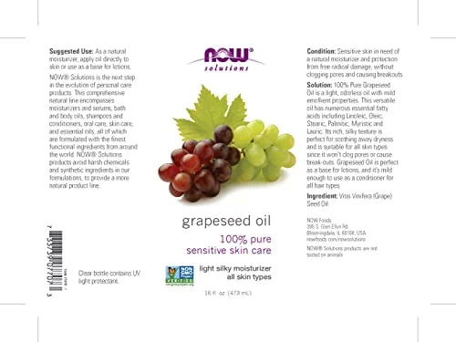 NOW Solutions, Grapeseed Oil, Skin Care for Sensitive Skin, Light Silky Moisturizer for All Skin Types, 16-Ounce 16 Fl Oz (Pack of 1)