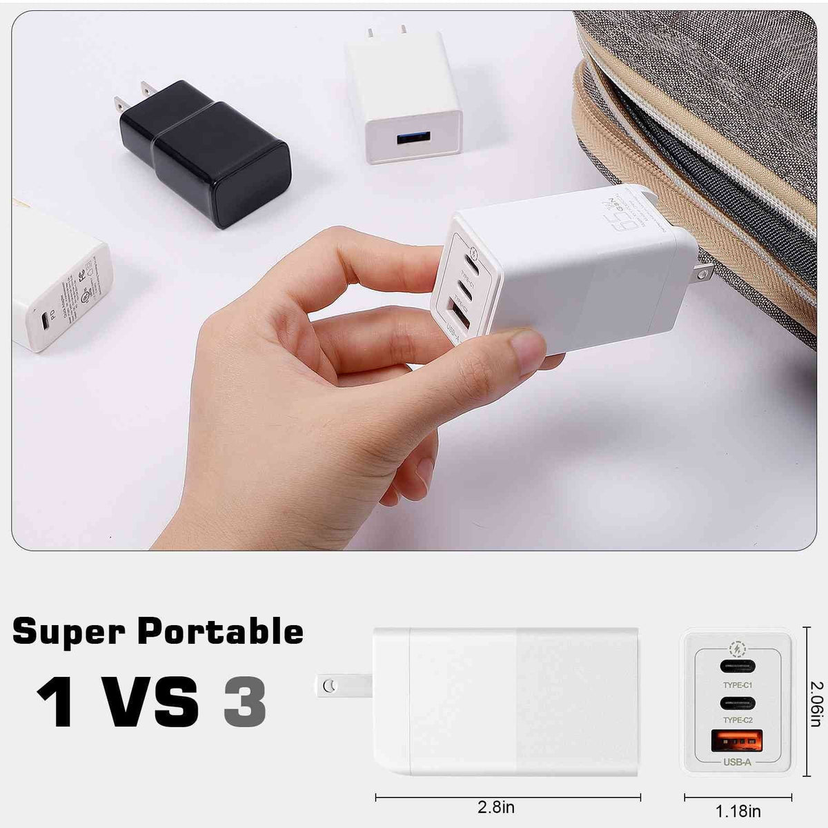UrbanX 65W Fast Travel Charger with 3 Ports USB & Dual USB-C High-Speed Charging suitable with HTC One A9/One M9/Desire Eye/Butterfly 2/One Remix, iPhone,  Galaxy, Google Pixel, MacBook